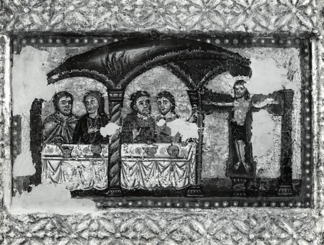 Anonimo — Anonimo senese - sec. XIII - Paliotto del 1215: Banchetto alla presenza del Crocifisso — particolare, dopo il restauro del 1973